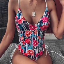 Сексуальный цельный купальник с глубоким v-образным вырезом и цветочным принтом, женский купальник с оборками, винтажный купальник с кружевами «кроше», купальный костюм с пуш-ап