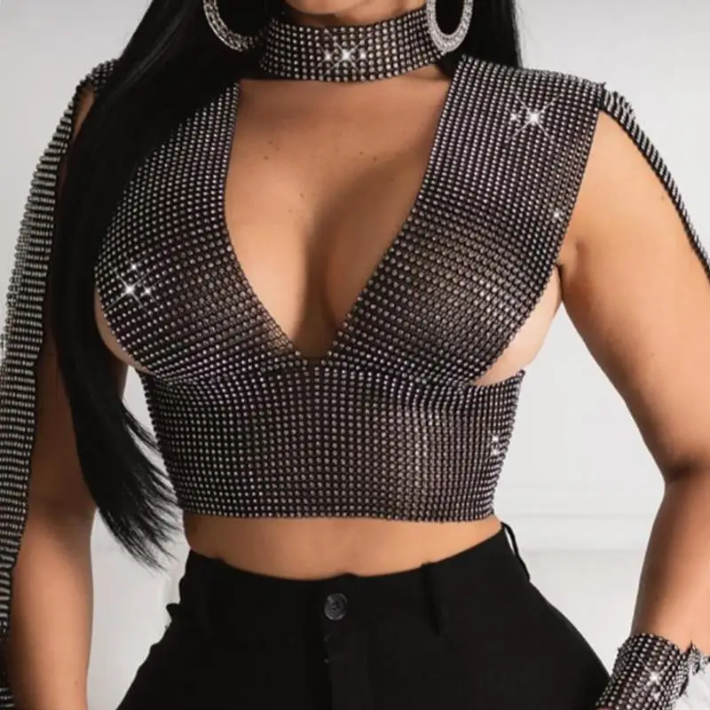 

Топ женский прозрачный с глубоким V-образным вырезом и вырезами