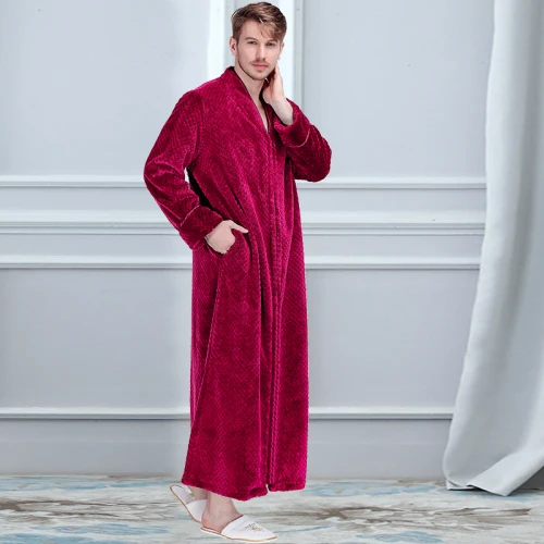 rose red men Мужской зимний удлиненный толстый теплый халат для мужчин и женщин, свободный халат большого размера, мужские домашние банные халаты из кораллового флиса с v-образным вырезом - Цвет: rose red men