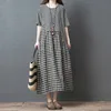 Fashion Patchwork Plaid Dress 2025 New Arrival Short Sleeve Loose Summer Dress Cotton Linen Vintage Women Travel Casual Dress