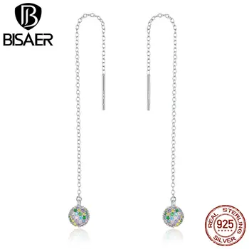 

BISAER Earrings 925 Sterling Silver Rainbow Balls Long Colorful Zircon Long Line Stud Earrings For Women Luxury Jewelry GAE393
