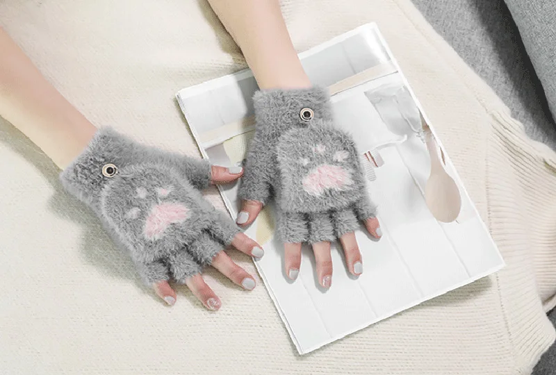 Женские зимние теплые перчатки с сенсорным экраном, милые сенсорные перчатки без пальцев с когтями кошки, вязаные пушистые перчатки с откидной крышкой для улицы, 1 пара