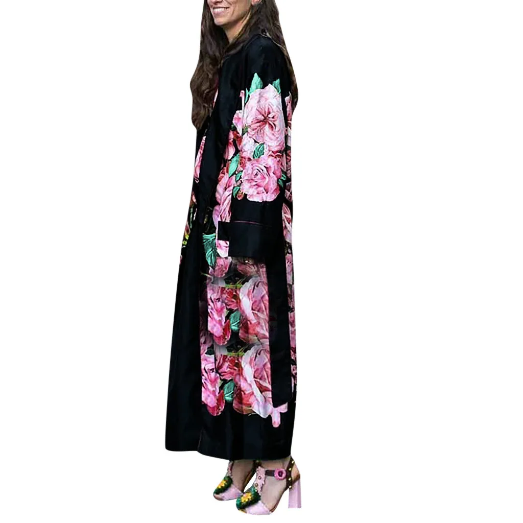 Новинка, зимняя свободная уличная одежда в Корейском стиле, женская мода, отложной воротник, цветочный принт, карманная повязка, длинный рукав, длинное пальто