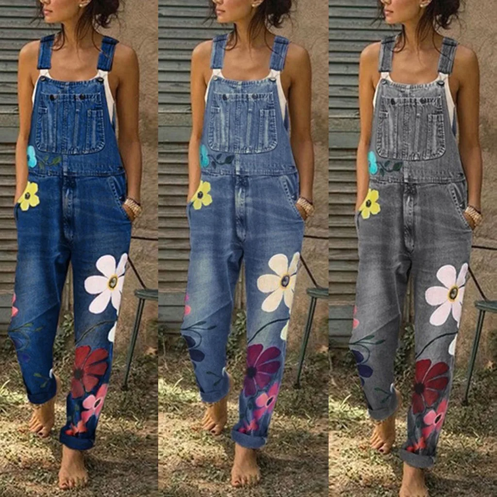2021 Summer Women's Fashion Flower Print Denim Bib Pants Casual Sexy Long Rompers Bib Pants Jumpsuits Fast Free Shipping S-3xl 1