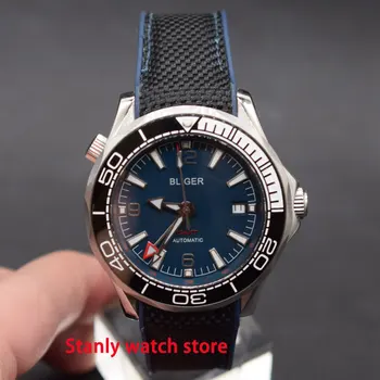 

Sapphire crystal Bliger 41mm blue dial black white bezel luminous marks GMT function canvas rubber strap automatic men's watch