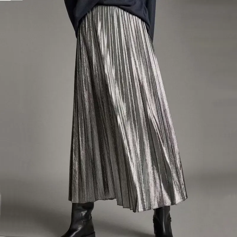 Новинка, модная Женская весенне-осенняя длинная Плиссированная Юбка Макси цвета металлик и серебра, юбка миди с высокой талией, эластичные Повседневные Вечерние юбки