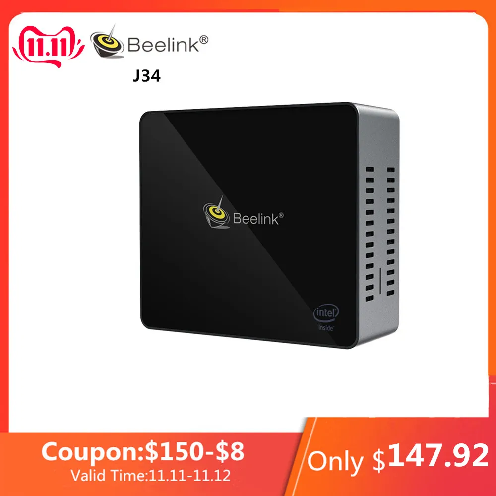 

Beelink J34 Mini PC J3455 Windows 10 8GB+/256/512GB SSD Mini PC 2.4GHz+5.8GHz WiFi BT4.0 Support Fast Charge 2*HDMI Cooling Fan