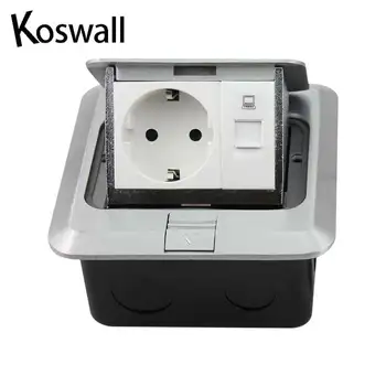 

All Aluminum Silver Panel EU Standard Pop Up Floor Socket Electrical Outlet With RJ45 Internet Computer Port