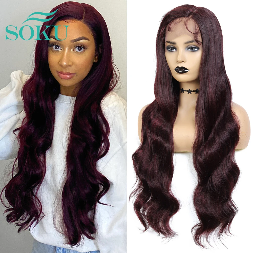 Wigs Hair Lace-Wig Heat-Resist SOKU Synthetic Black-Women Red L-Part Wine-Color Fiber