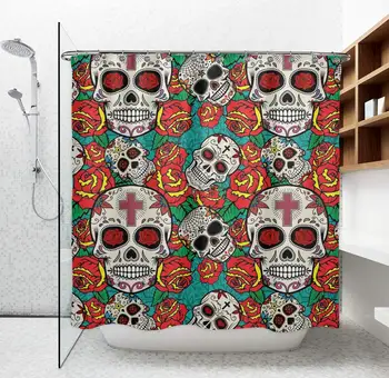 

Shower Curtain Fabric- Spa Hotel Bathroom, Water Resistant and Durable Sugar Skull Red Roses Shower Curtains, Eco-Friendly for