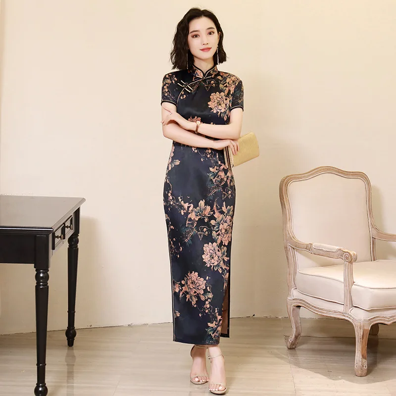 Черный плюс размер 3XL 4XL тонкий женский длинный атласный Qipao сексуальное китайское вечернее платье Cheongsam летнее Новое с коротким рукавом Vestidos