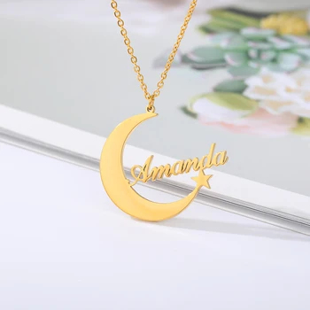 

DI-259 Stars&Moon Custom Name Necklace For Women Gold Silver Rose Gold Stainless Steel Nameplate Long Chain Jewelry Best friend