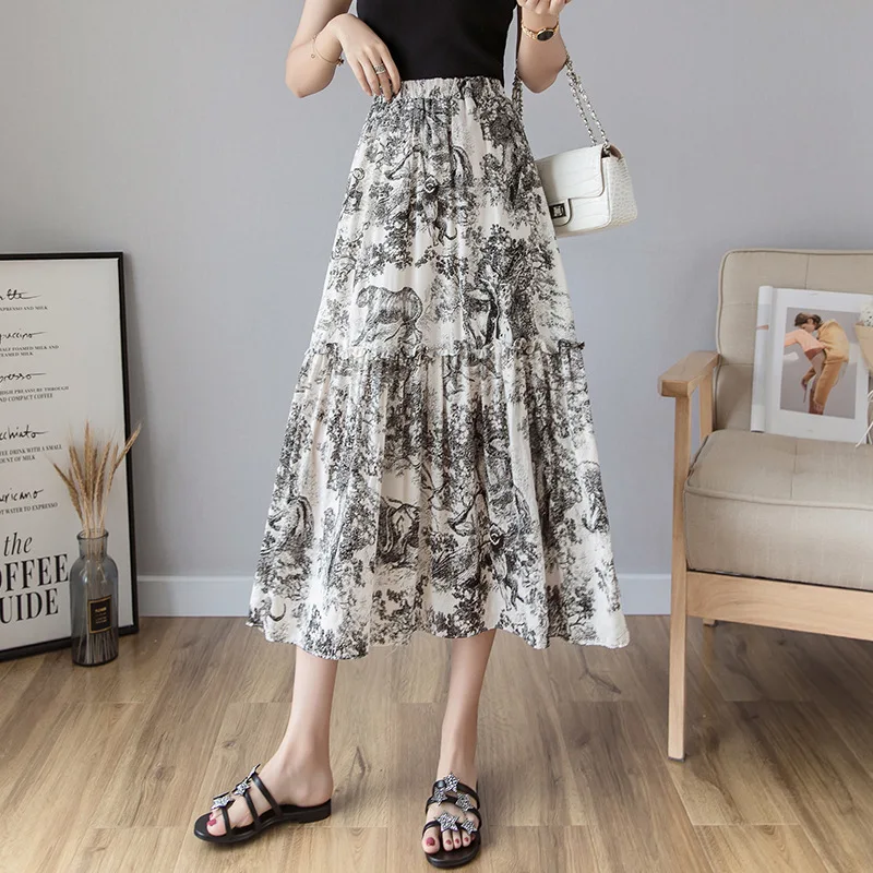 

2019 Summer New Style Chinese-style Skirt Word High-waisted Slimming Medium-length Dress Retro Ink Painting Fairy Skirt