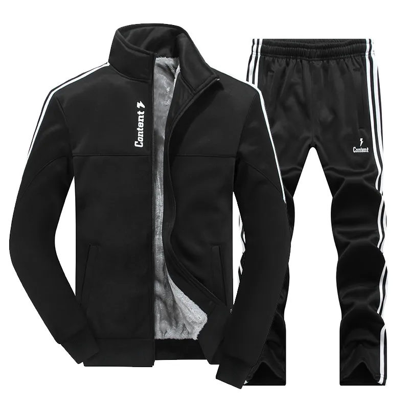New Winter Men's Sets Plus Velvet Men Sport Suits Sportswear Set Fitness Warm Tracksuit Zip Pocket Male's Casual Clothing - Цвет: Черный