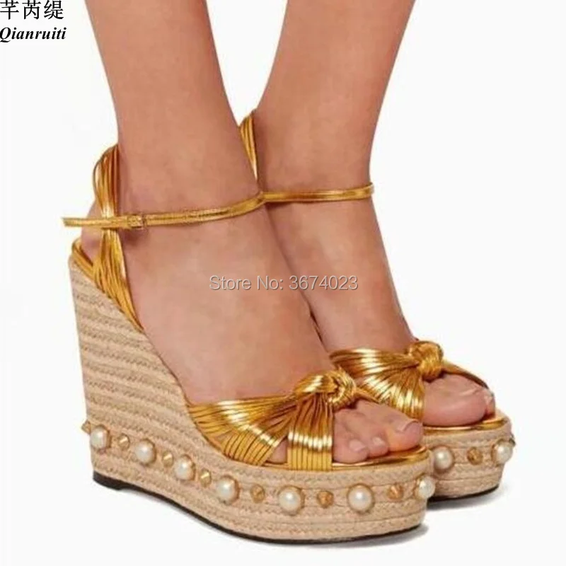 

Qianruiti Gold Women Platform Sandals Summer Wedges Peep Toe Ankle Strap Heels Pearl Sleehak Sandalen Party Dress Shoes Women