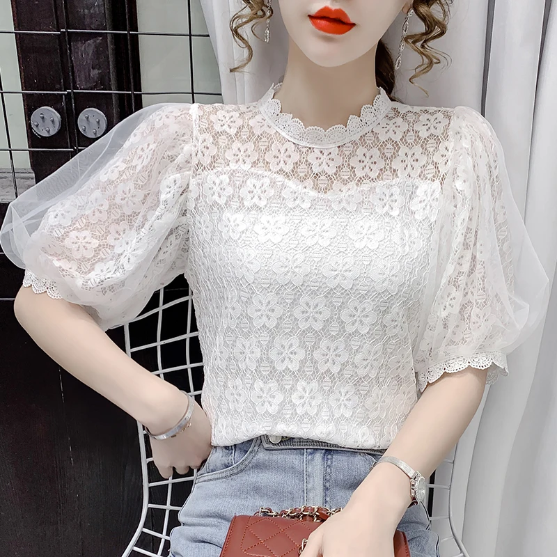 Blusa de encaje con manga corta para verano, camisa femenina estilo Vintage con volantes, blanco, 2021 - AliExpress