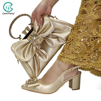 

Gold Color Italian design Shoe And Bag Set For Party Rhinestone Evening Shoe African High Quality Sandal Matching Bags Set