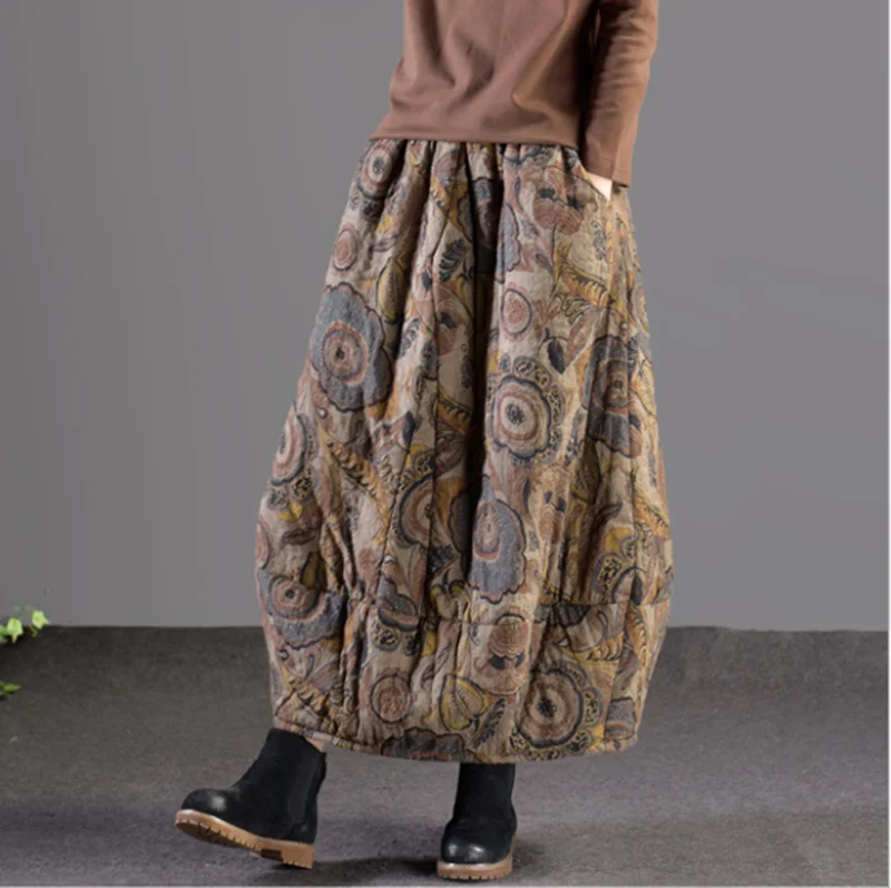 

Autumn Winter Women Skirt Retro Elastic Waist Loose Bud Print Pocket Ladies Casual Linen Cotton Padded Skirts Thicker Warm Midi