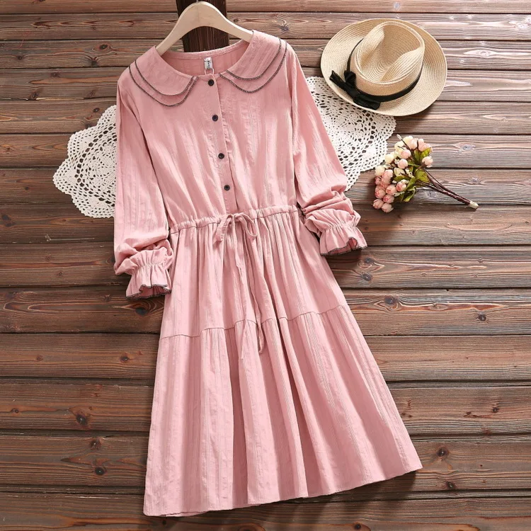 

Peter Pan Collar Dress Women's Mid-length Spring Clothing New Style Literature And Art Versatile Students Mid-length Waist Huggi