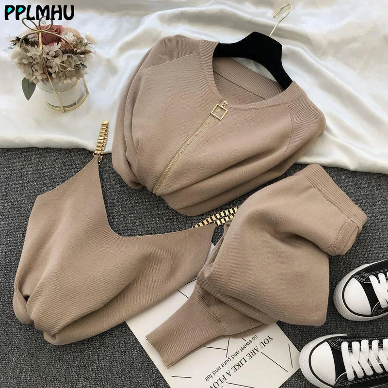 

Solid Color Knitted Elegant 3 Piece Suit O-Neck Zipper Cardigan Coat Tops + Chain vest + Elastic Harem Pants Fashion Female