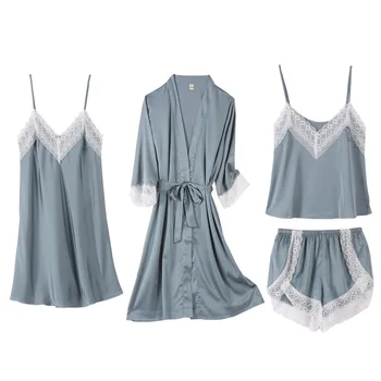 

Green Sexy Lace Edge Pajamas Sets Women Satin Sleepwear 4 Pieces Pyjamas Pajamas Set Sleep Lounge Pijama Silk Night Pajama Suit