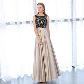 

Women's long lace embroidery satin formal gown sleeveless formal anniversary ceremony prom evening party dress