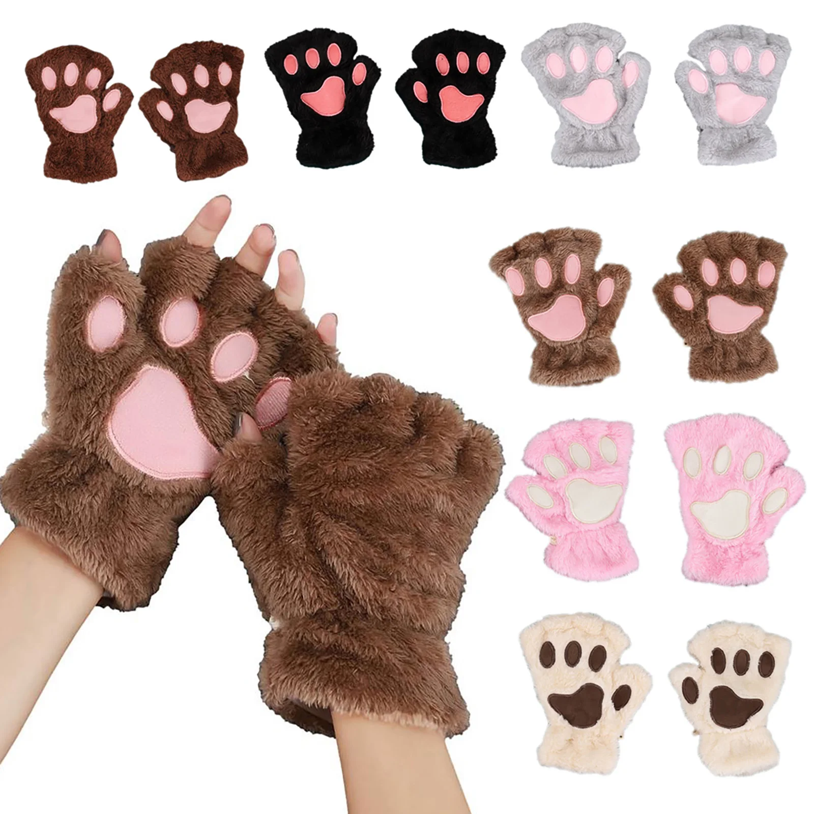 CakeLY Cute Cat Kitten Paw Fingerless Faux Fur Plush Gloves for Girls Women 