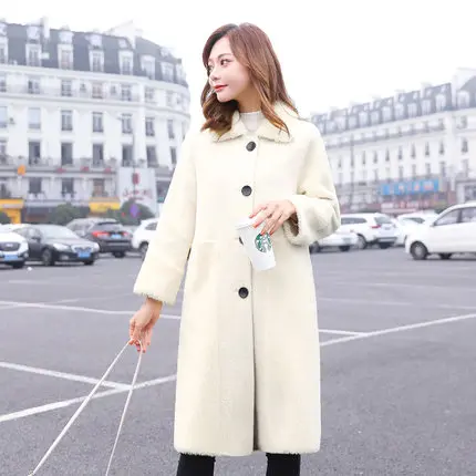 Off-white Модное осенне-зимнее длинное меховое пальто для стрижки овец, Женская Корейская Роскошная куртка из овечьей шерсти с гранулами, женское свободное теплое пальто - Цвет: Off-white