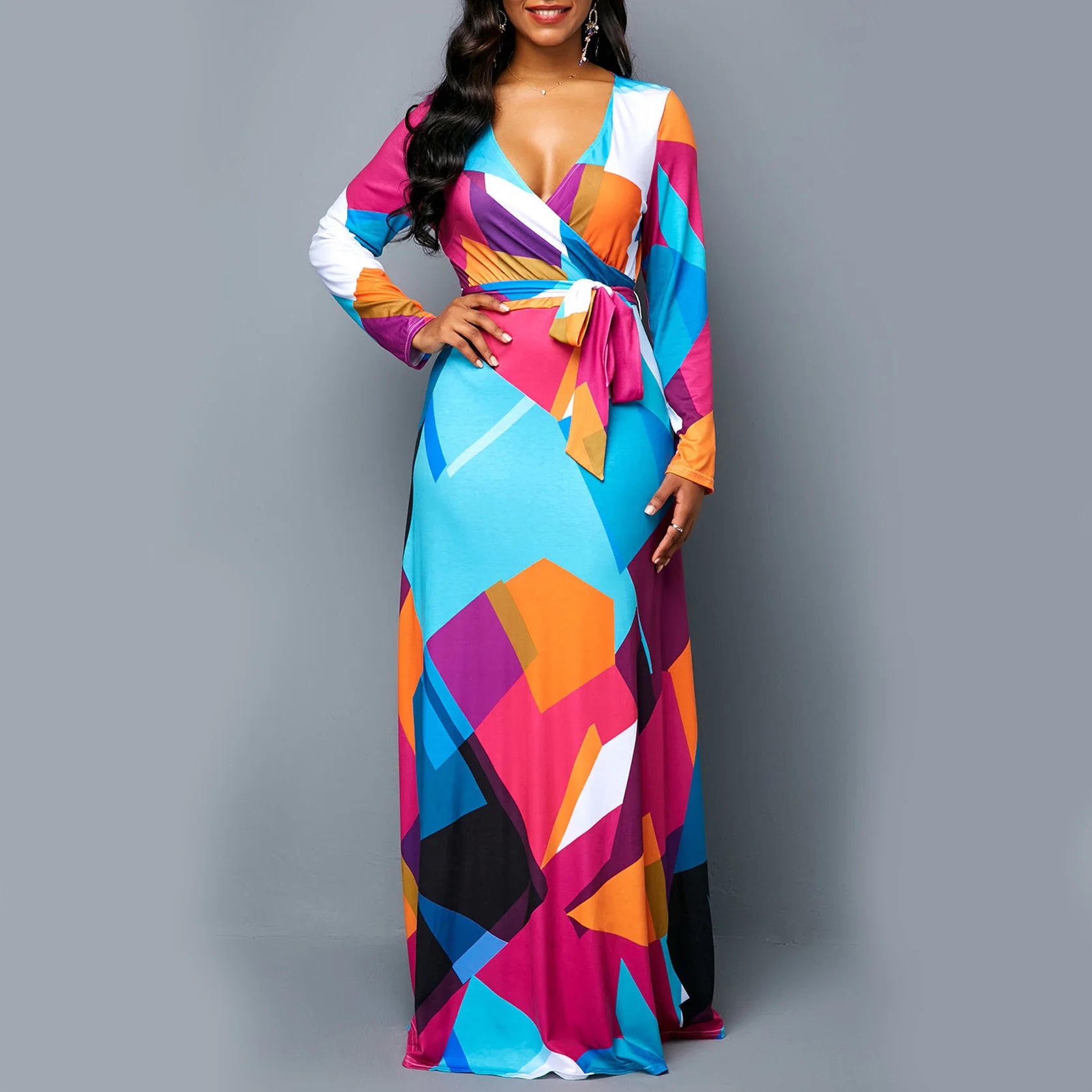 

Female Dress For Evening Party Night Club Cloth Dress Colorful Geometric Long Sleeve V Neck Floor Length Dress Women Sexy Dress