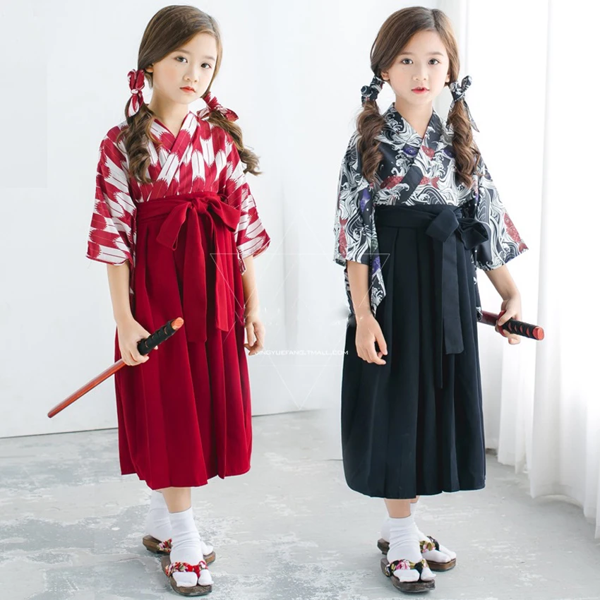 

Традиционные восточные японские костюмы для детей, Самурай, кавайная девочка, юката, винтажное кимоно, платье, топ, юбка, танцевальный костюм