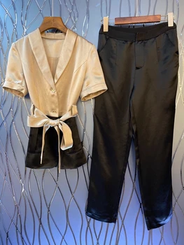 

2020 Spring and Summer New Women Business Suit Collar Hem Color Matching Lace-up Short-Sleeved Top Pants Suit 531