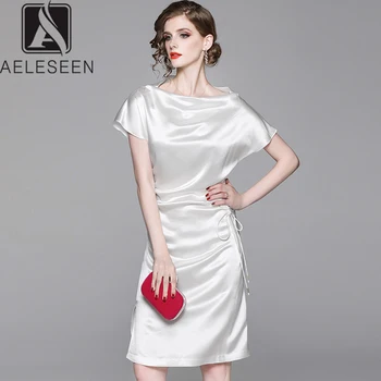 

AELESEEN 2019 New Fashion Autumn European High Street Pencil Dresses Women Batwing Sleeve Drape Elegant Slash Nech Midi Dress