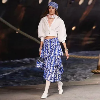 

New fashion solid color top printing pleated cake skirt slim temperament women s suit