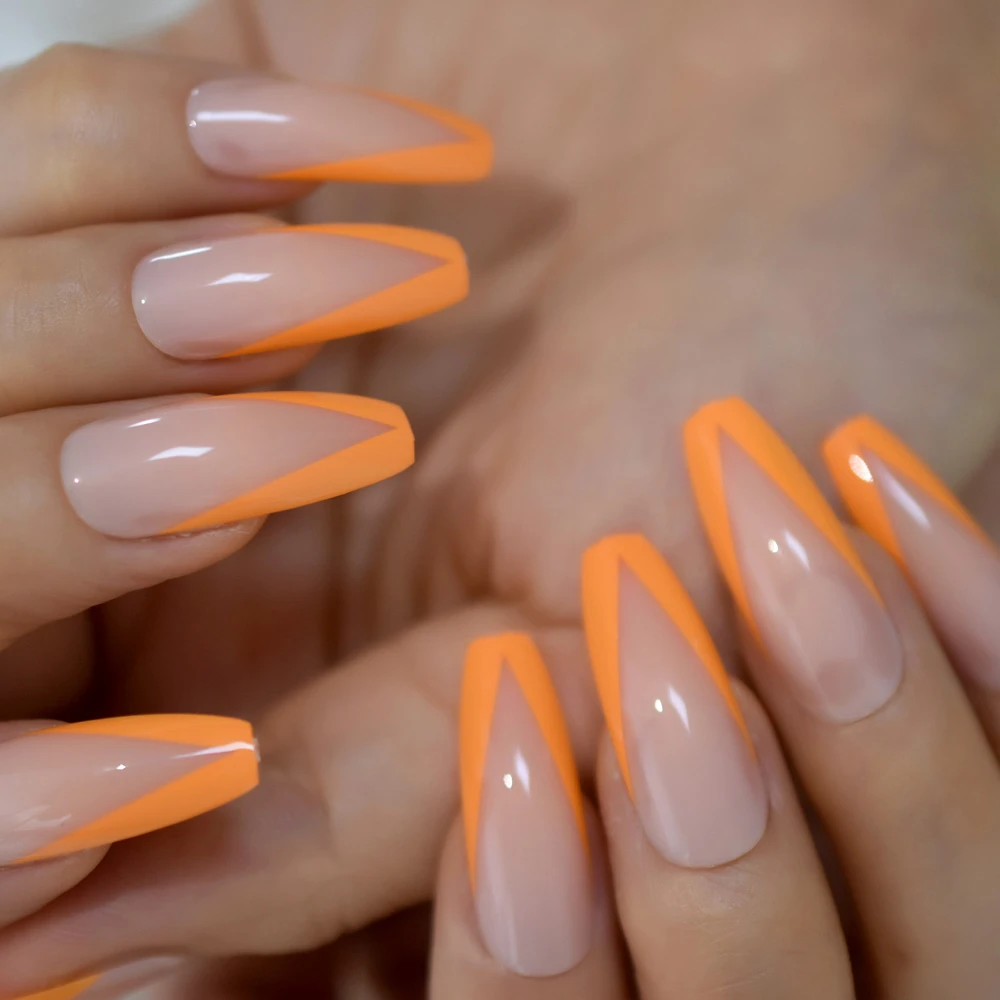 Uñas postizas con forma de bailarina, uñas postizas grandes en forma de V,  Extra largas, manicura francesa prediseñada, color Naranja neón, Nude, 24| Uñas postizas| - AliExpress