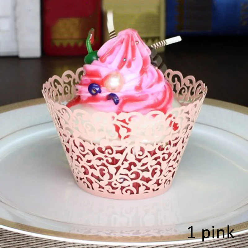 12Pcs Little Vine Lace Laser Cut Cupcake Wrapper Liner Baking Cup Hollow Paper Cake Cup DIY Baking Fondant Kitchen - Цвет: 1 pink