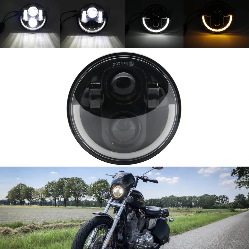 

5.75" Angel Eye DRL Motorcycle Headlight For Harley Sportsters XG XR VRSCD for Dyna Projector LED Black Chrome Round Headlamp