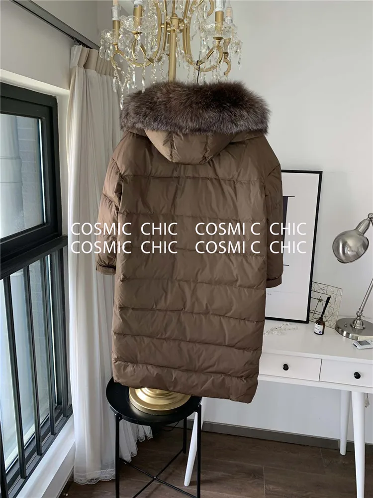 Cosmicchic,, для отдыха, длинный, однотонный, теплый, женский, зимний пуховик, Воротник из лисьего меха, с капюшоном, однобортное пальто