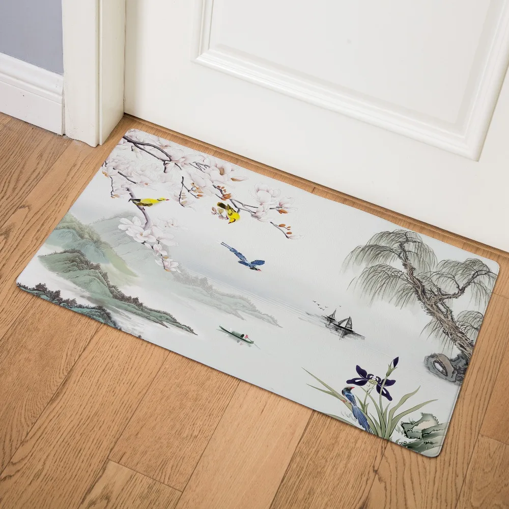 Chinese Landscape Painting Home Doormat Front Door Mat Kitchen Mats Indoor Non-slip Bath Mat Birds and Flower Welcome Floor Mats