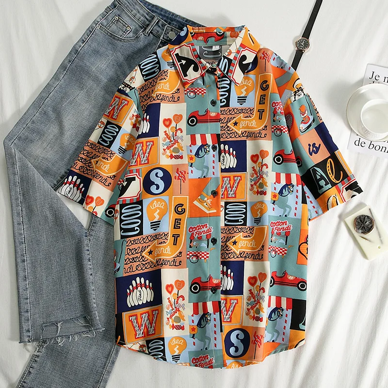 Casual Summer Shirts Women 2020 Boho Cartoon Print Stretch Beach Shirt Ladies Tunic Loose Party Blouses Woman Red Tops Plus Size