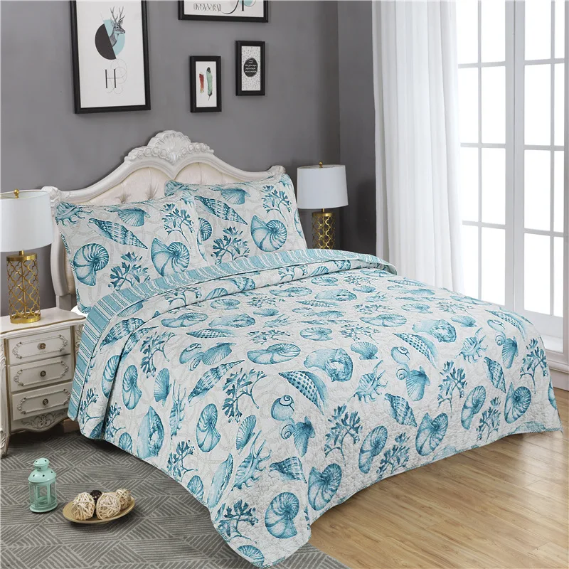 

CHAUSUB Printed Quilt Set 3pcs Quilted Bedspread Marine Style Washed Cotton Quilts Bed Cover Sheets King Queen Size Coverlets