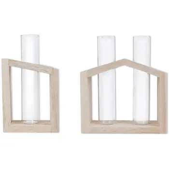 

2 Pcs Crystal Glass Test Tube Vase in Wooden Stand Flower Pots for Hydroponic Plants Home Garden Decoration a & B