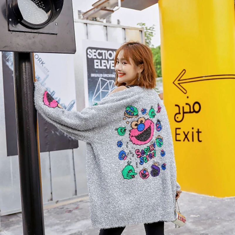 Best Price SexeMara fashion The New Loose lovely Cartoon pattern Bright silk Cardigan knitting Sweater free shipping Best Price SexeMara fashion The New Loose lovely Cartoon pattern Bright silk Cardigan knitting Sweater free shipping