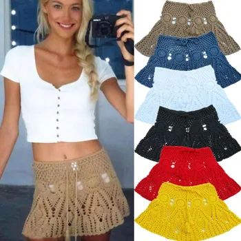 

Fashion Women's Sexy Skirts Knitted Hollow Out Beach Swimming Casual Short Mini Skirt High Waist Skirt 2020 Bikini Cover Bottoms