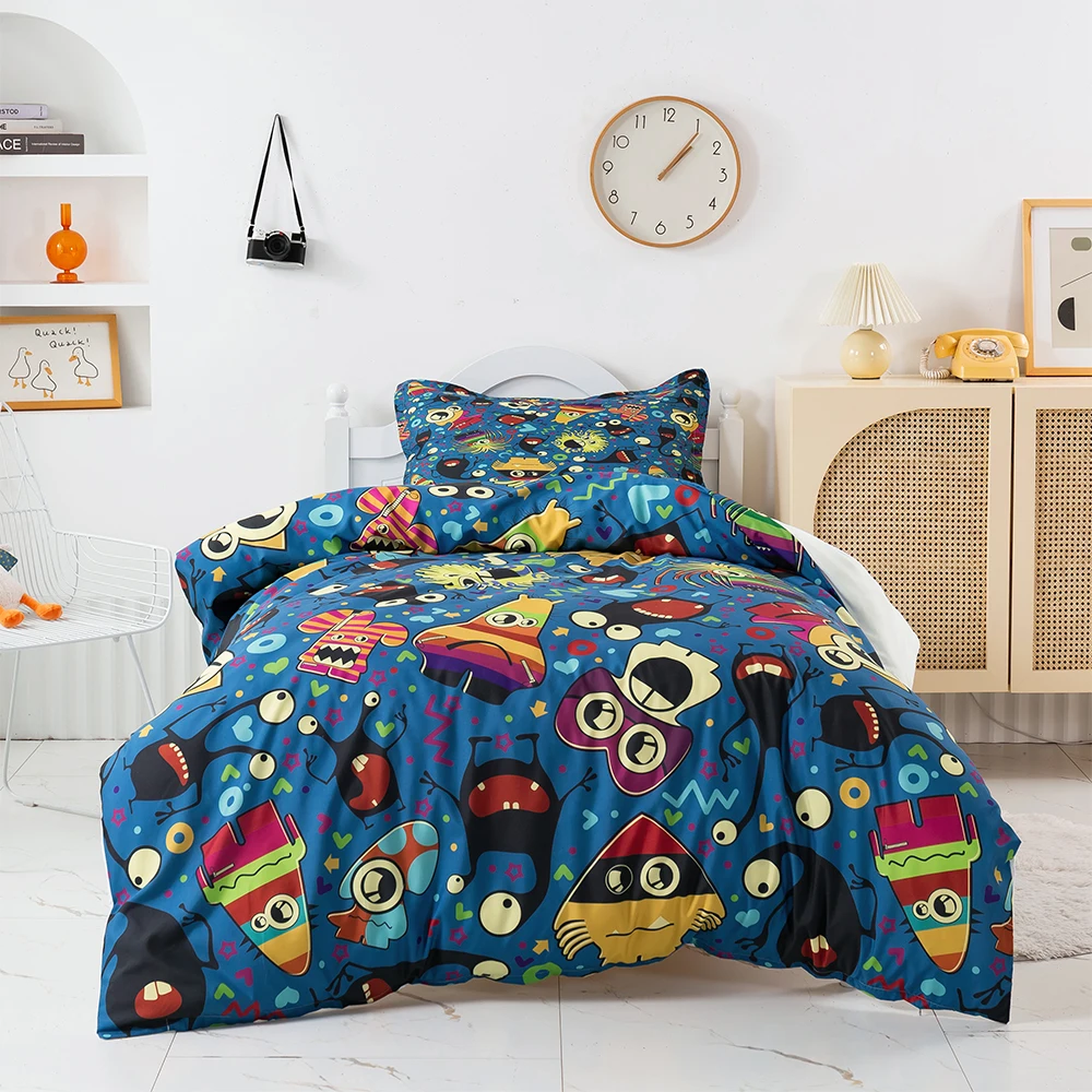 

Funny Cartoon Bedding Set Eyes Monster Duvet Cover Christmas Gifts Bed Set Queen Size Kids Boys Blue Quilt Cover Bedroom Decor