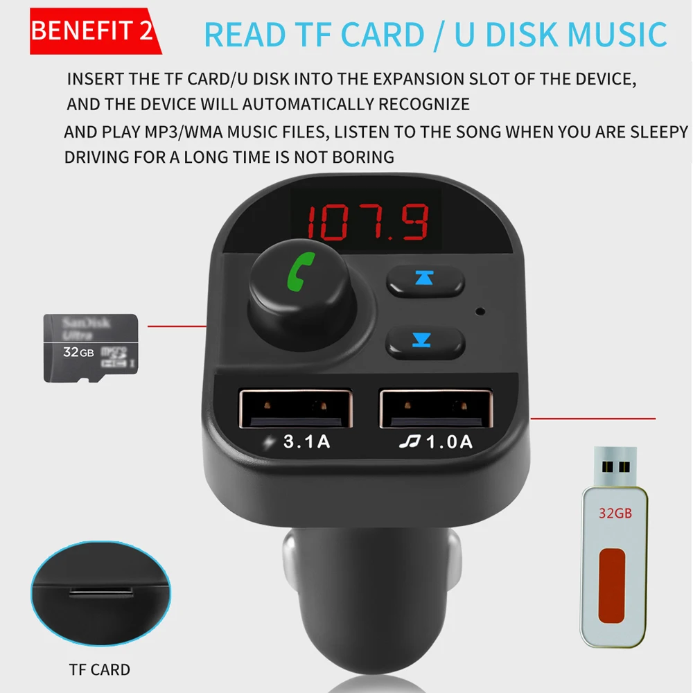 805E Автомобильный MP3-плеер многофункциональная BT5.1 FM передатчик Dual USB Автомобильное зарядное устройство Поддержка Hands-free TF карты U диска музыкальный плейер