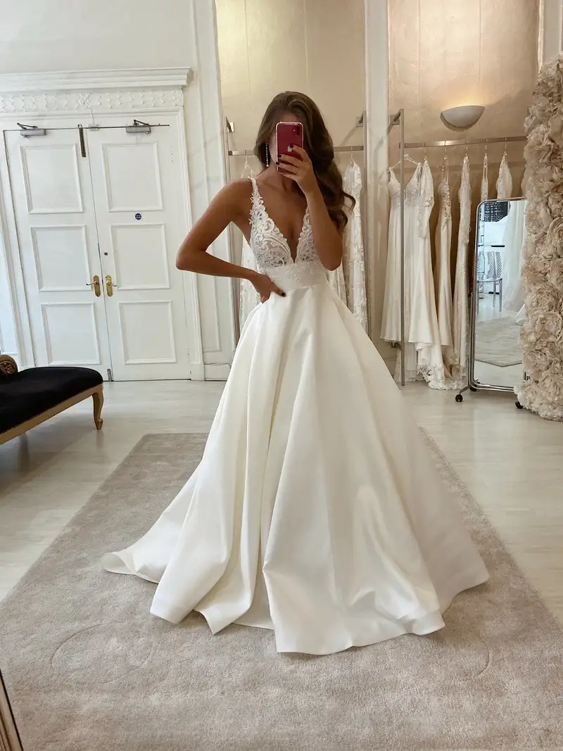 Robe De Mariee Свадебные платья с карманами v-образным вырезом атласная аппликация платье для невесты без спинки Свадебные платья Vestido De Noiva