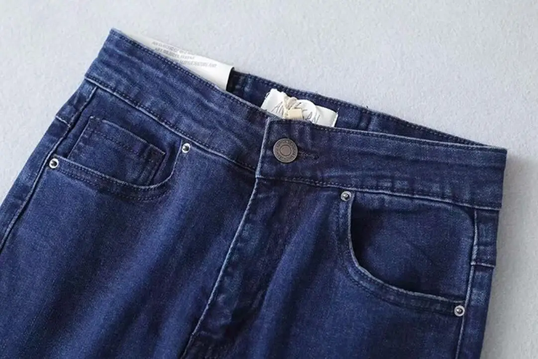 Высокая талия Синие кисточки на манжетах металлические отверстия Крест шнуровка сзади расклешенные джинсы ретро уличный неровный подрубленный Тонкий джинсы брюки