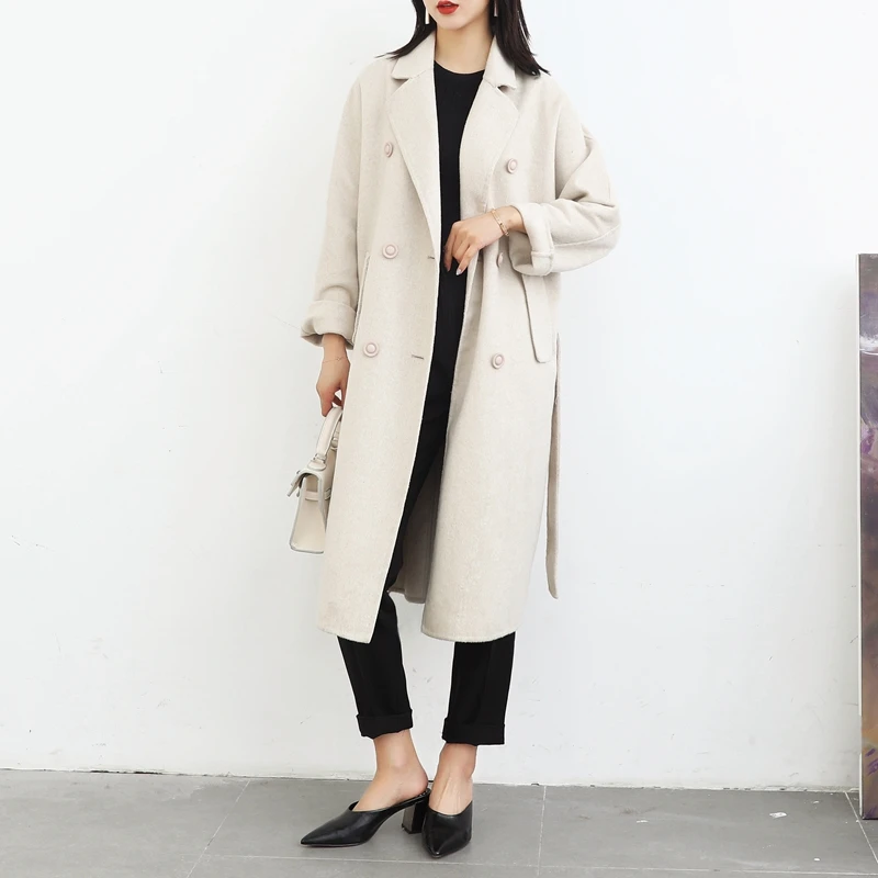 

Women 100% wool coats of Spring 2020 new double-sided cashmere coat women's long albaca wool coat oversize belt slim outwear