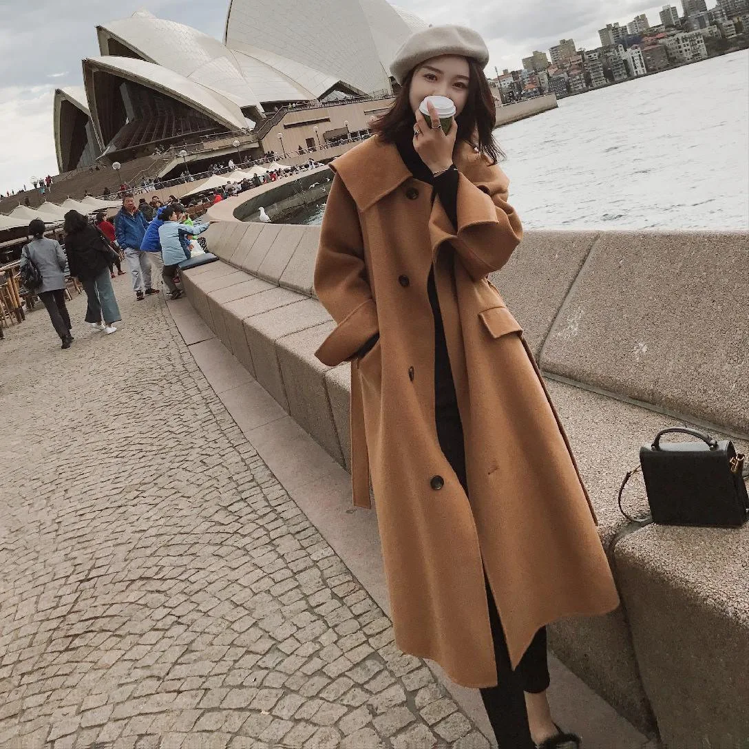 

Photo Shoot Elegant Ol Shawl Large Lapel Woolen Jacket Women's CHIC Simple Solid Color Waist Hugging Single Breasted Woolen Over