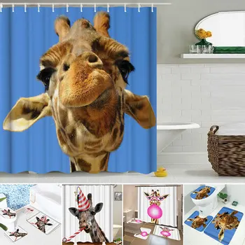 

1-4pcs Funny Cartoon Giraffe Printing Pattern PVC Waterproof Shower Curtains Non-slip Floor Mat Pad Bath Bathroom Curtain Set